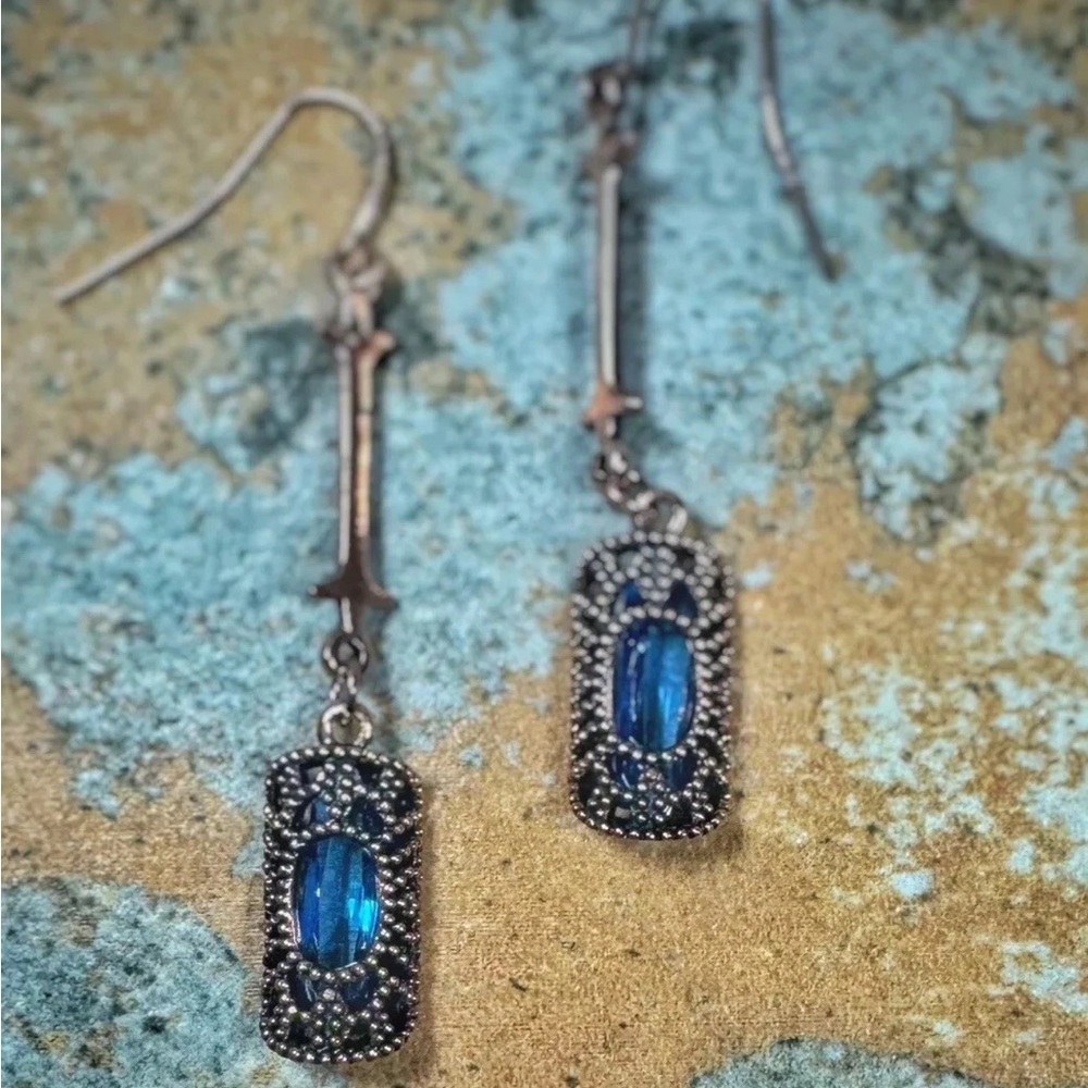 TOURMALINE Earrings Womens 2.5" Blue Rhinestone Antiqued Copper Filagree Drops